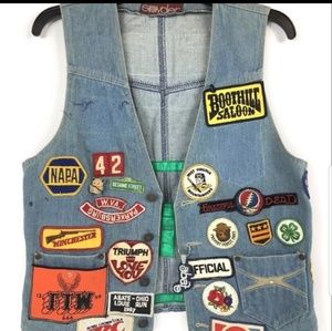 Vintage denim biker vest -- patches